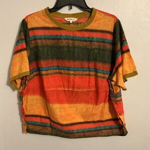 Linen Buykud Multicolored Striped Short Sleeve Blouse. Size Large.
